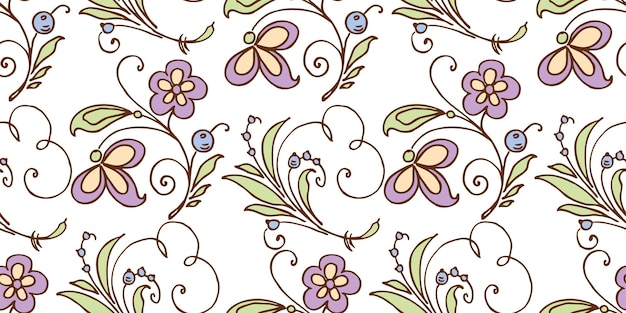Ramas decorativas con contornos con flores de fantasía bayas hojas verdes y zarcillos patrón sin costuras