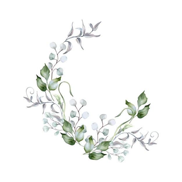 Ramas de eucalipto hojas de acebo y vides rizadas en acuarela verde salvia aislado marco de follaje en tonos pastel dibujado a mano para el diseño producto de la naturaleza corona de flora verde delicada para tarjeta de boda