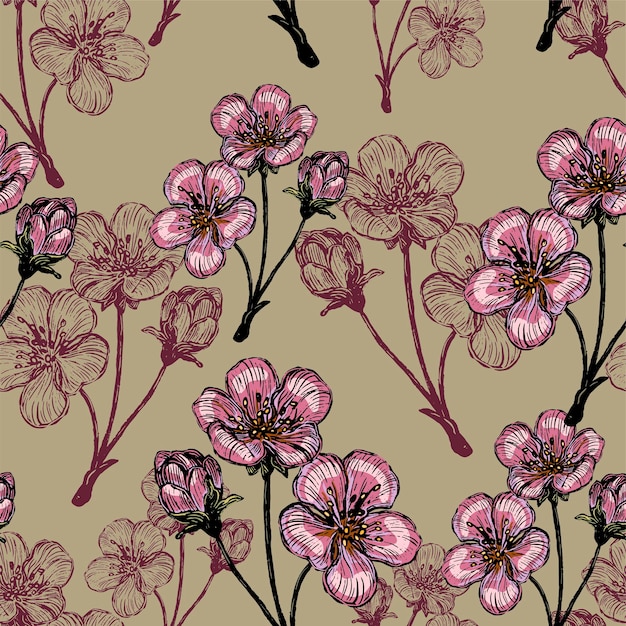 Ramas florecientes de sakura, adorno de flores de cerezo. patrón transparente de vector botánico. diseño de primavera para envoltura, textil, papel tapiz, fondo.