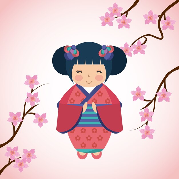 ramas con flores rosadas y lindo icono de chica japonesa