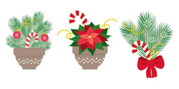 Ramas de hoja perenne decoradas con navidad y poinsettias festivas decoraciones de plantas de navidad alegres