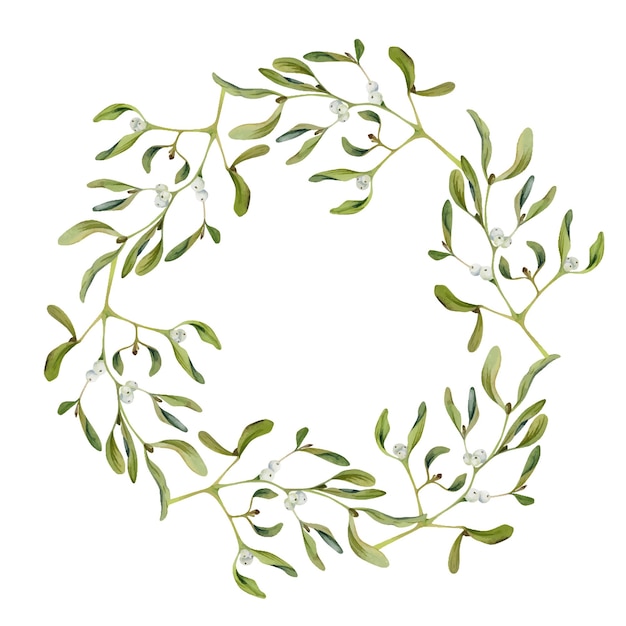 Ramas de muérdago con hojas verdes y bayas blancas acuarela corona de ilustración dibujada a mano