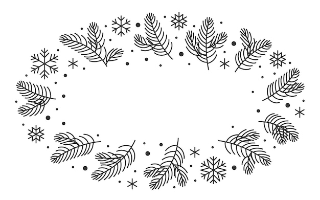 Ramas de pino de abeto de invierno borde de boceto Marco floral adornado lineal con espacio de copia Ramas de árbol de Navidad confeti de nieve en blanco para tarjeta de Navidad fiesta evento banner certificado cupones vales de regalo