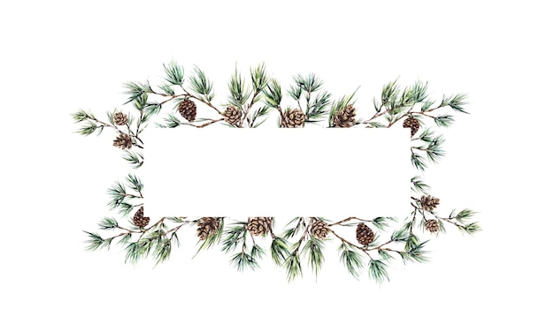 Ramas de pino de acuarela con conos y fondo de textura verde suave Marco elegante natural para tarjetas de vacaciones invitaciones carteles o diseños estacionales perfectos para proyectos rústicos o de temática ecológica