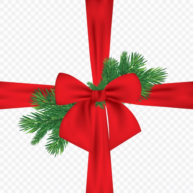 Ramas de pino de Navidad vector realista 3d con lazo de cinta roja. EPS 10