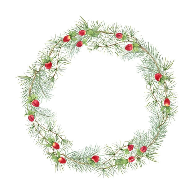 Ramas de pino verdes con bayas rojas Corona de Navidad con rama de hoja perenne Ilustración de acuarela Copiar espacio para texto Elementos botánicos para tarjetas de felicitación Invitaciones proyectos para la temporada de vacaciones