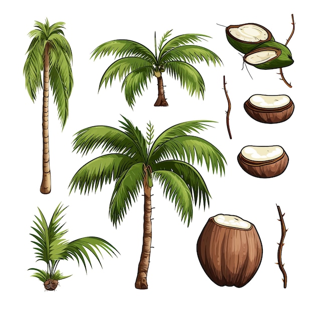 Vector las ramas del tronco de las palmeras dibujadas a mano brotan ilustraciones vectoriales de dibujos animados clipart fondo blanco