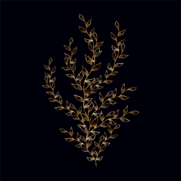 Vector ramas vectoriales de plantas estilizadas con un contorno dorado sobre un fondo oscuro elemento de patrón floral