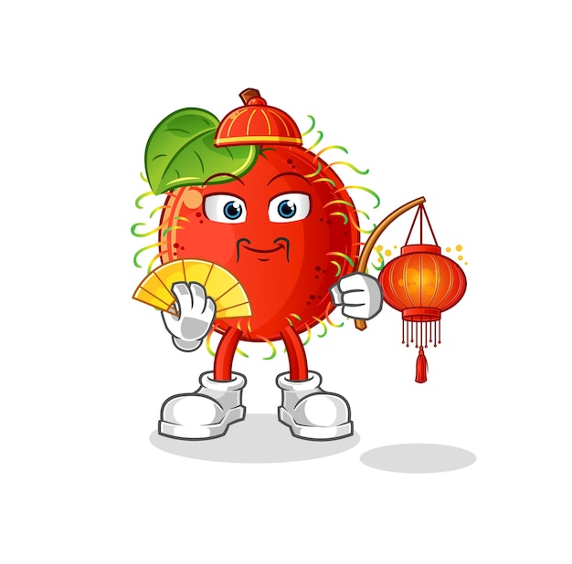 Rambután chino con vector de caracteres de ilustración de linternas