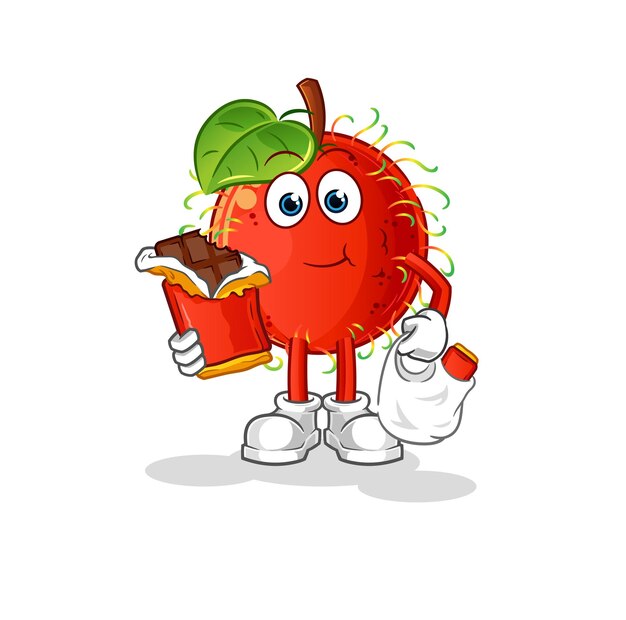 rambután come mascota de chocolate. vector de dibujos animados