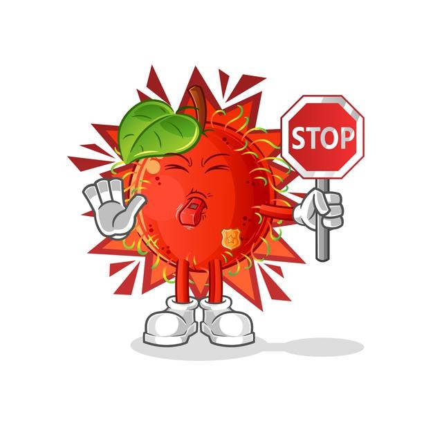 Rambután con señal de stop. vector de mascota de dibujos animados