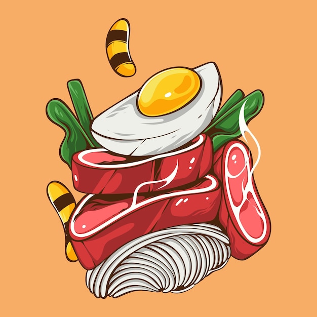 Ramen, con, bistec, ilustración