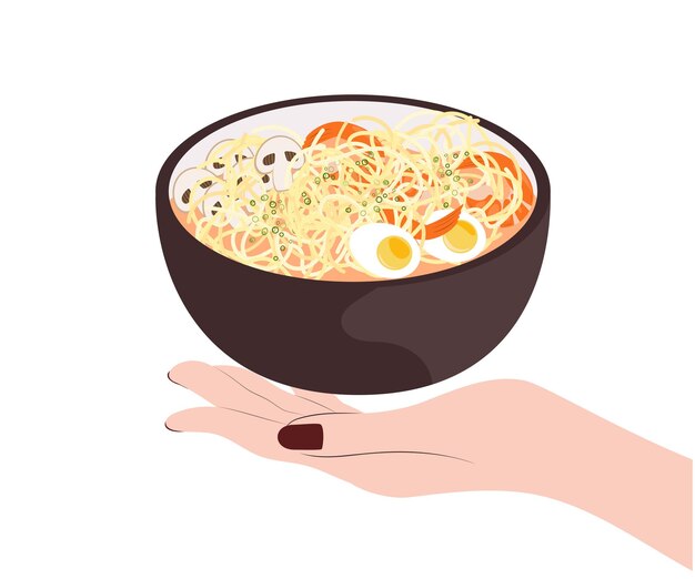 Ramen de camarones en un tazón. Cuenco de fideos y mano de mujer. Comida asiática. ilustración vectorial