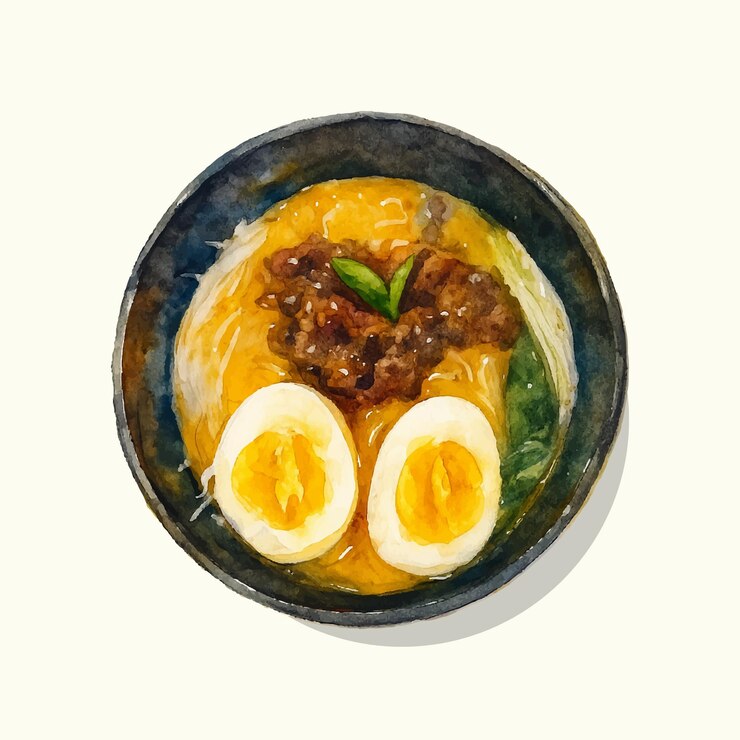 ramen con carne cortada y huevos ilustraciones en acuarela como fondo de papel tapiz móvil, etc.