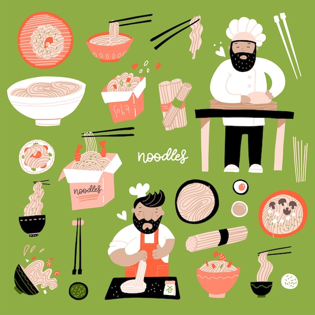 Ramen doodle set varios tazón handdrawn de fideos de huevo chinos comida asiática con cocinero jefe vector fla ...