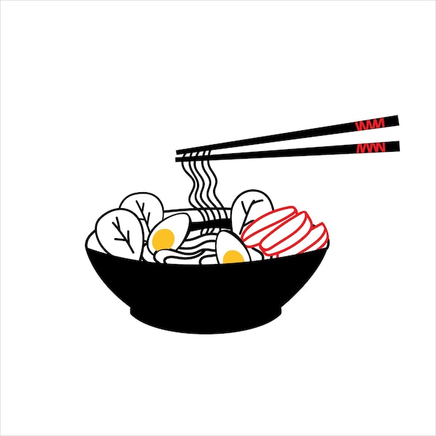 Ramen Doodle Un tazón dibujado a mano de fideos de huevo chinos e ingredientes Ilustración de la cocina asiática con palillos Vector aislado en un fondo blanco
