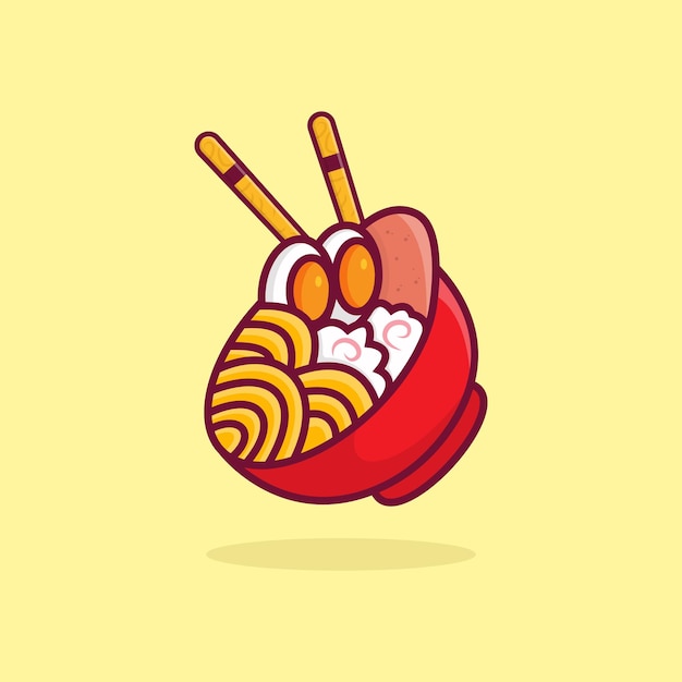 Ramen, fideos, huevo, y, carne, con, palillo, caricatura, alimento, vector, icono, ilustración