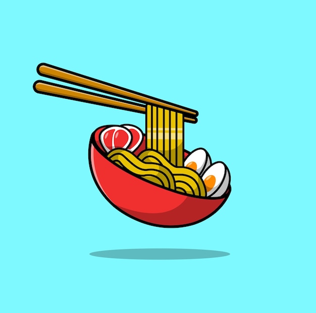 Ramen Fideos Huevo Y Carne Con Palillos Dibujos Animados Vector Icono Ilustración