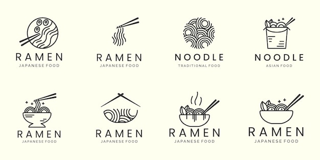 ramen fideos japonés minimalista línea arte conjunto logotipo icono plantilla vector diseño