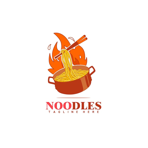 Ramen de fideos en la olla y el logo del garabato de fuego picante caliente