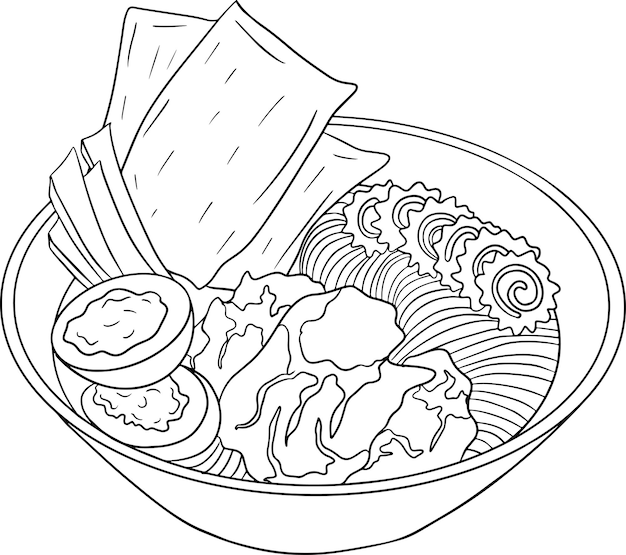 Ramen. Ilustración de comida rápida dibujada a mano por vectores. Dibujos para colorear con comida