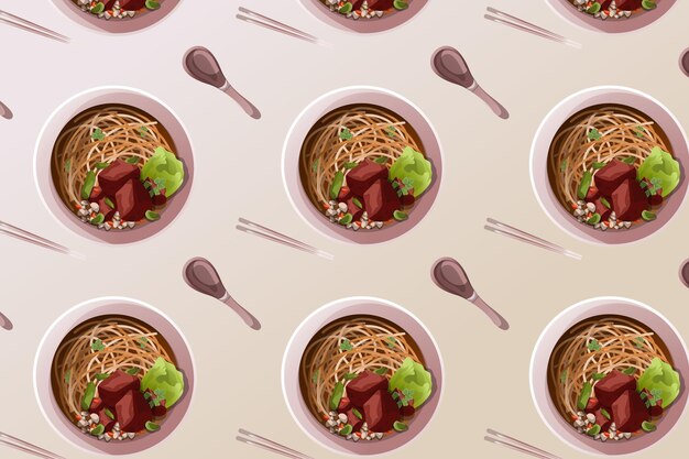 Ramen japonés de patrones sin fisuras con champiñones de carne y repollo