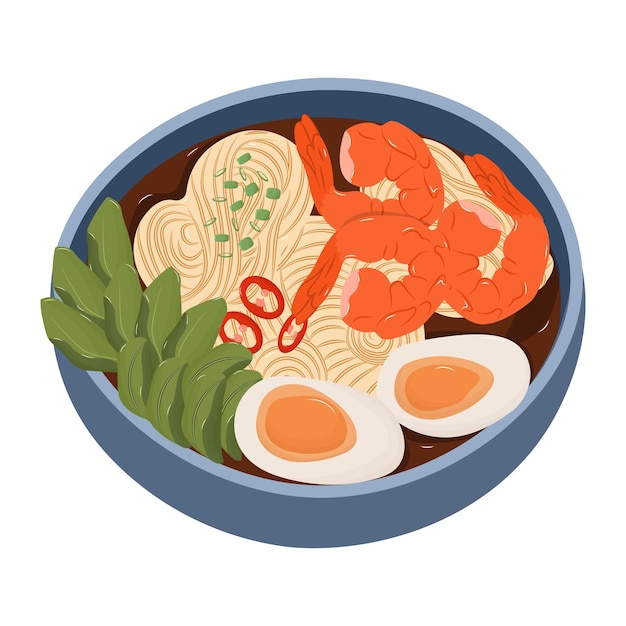 Ramen japonés plato de fideos de trigo estilo de dibujos animados de vector plano aislado sobre fondo blanco