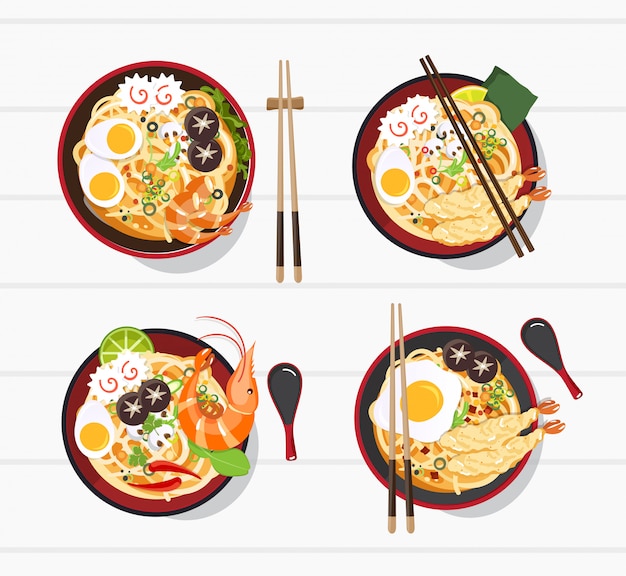 Ramen japonés en un tazón, sopa de fideos en un tazón chino Ilustración de comida asiática