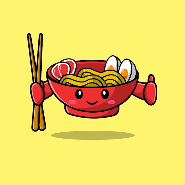 Ramen lindo con ilustración de icono de vector de dibujos animados de palillos