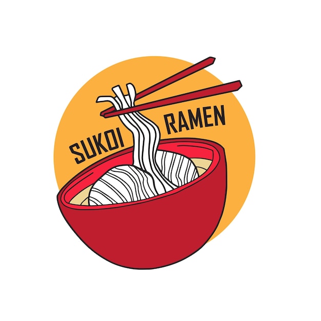 Ramen o fideos en cuenco rojo con palillos de comer Ilustración vectorial plana dibujada a mano Icono de la marca