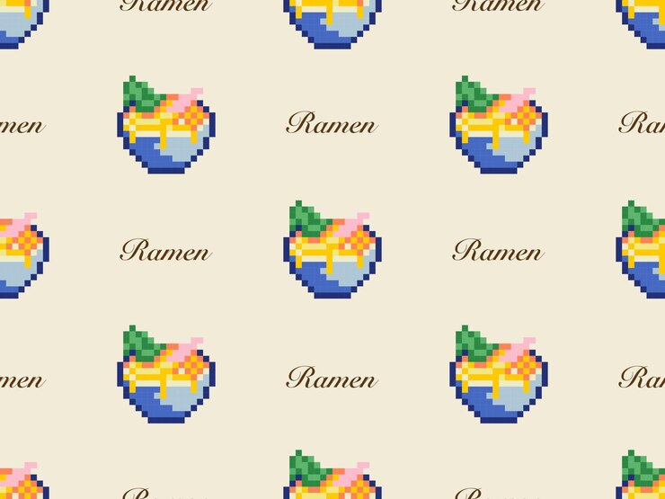 Vector ramen personaje de dibujos animados de patrones sin fisuras sobre fondo amarillo estilo pixel