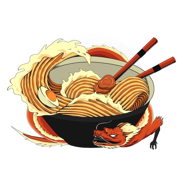 Ramen tradicional japonés y ola para camiseta.