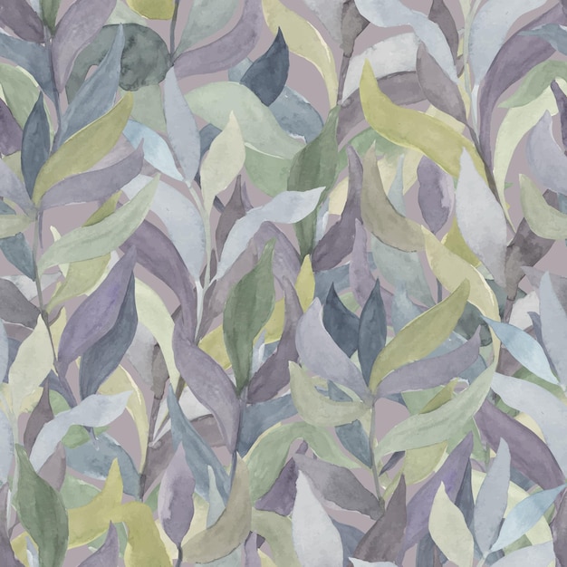 Ramitas de acuarela con hojas de diferentes colores sobre un fondo de color vector de patrones sin fisuras Muro vivo de plantas seto de hojas y ramas trepadoras