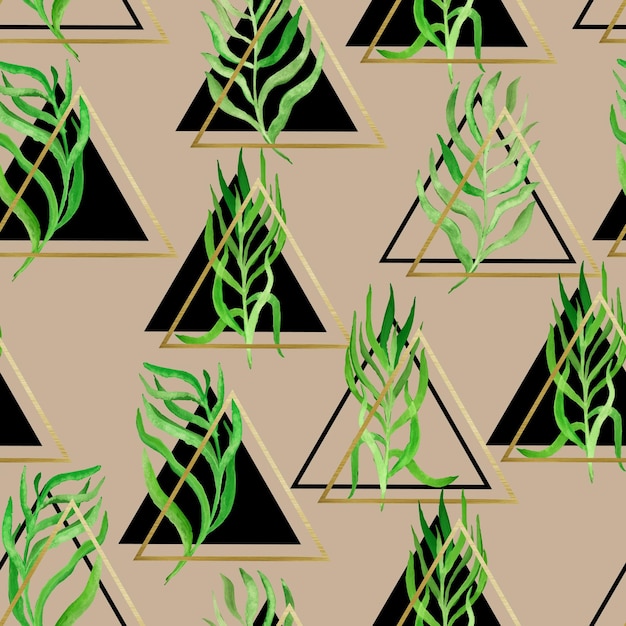 Ramitas de acuarela con hojas en marcos de triángulos patrón transparente de vector geométrico