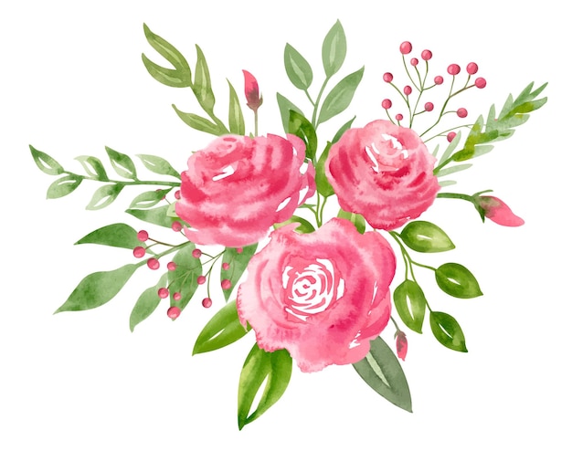 Vector ramo abstracto de acuarela con rosas rosadas y hojas verdes ilustración floral dibujada a mano para tarjetas de felicitación o invitaciones sobre fondo aislado en estilo vintage composición decorativa botánica