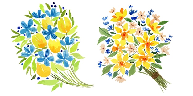 Vector ramo de acuarela floral azul y amarillo