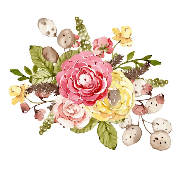 Ramo de acuarela con flores otoñales beige y hojas secas