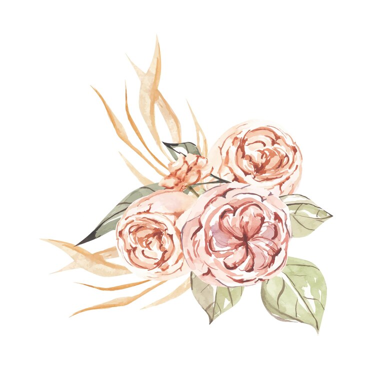 Ramo de acuarela con hojas de otoño, flores, rosas de peonía.