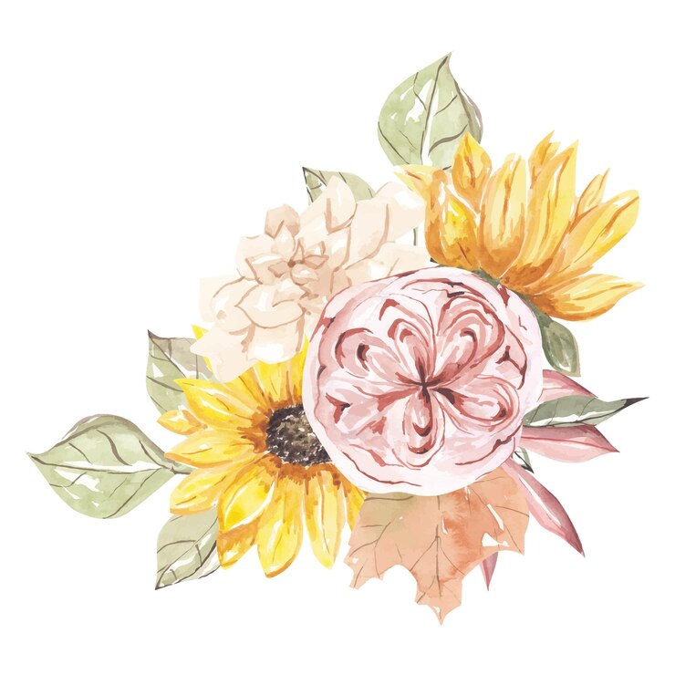 Ramo de acuarela con hojas de otoño, flores, rosas de peonía.