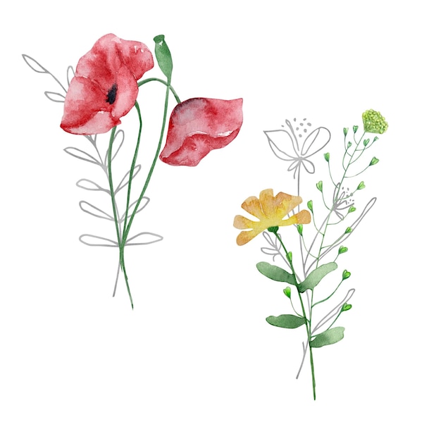 Ramo de acuarela de ilustración de flores silvestres para tarjetas