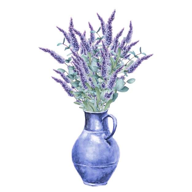 Vector ramo de acuarela de lavanda en un florero