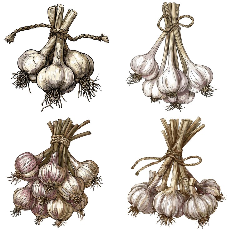 Vector ramo de ajo atado con cuerda ilustración de raster de grabado en color aislada sobre fondo blanco