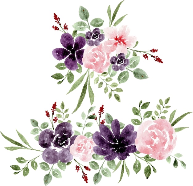 Ramo de arreglo floral de primavera rosa púrpura acuarela