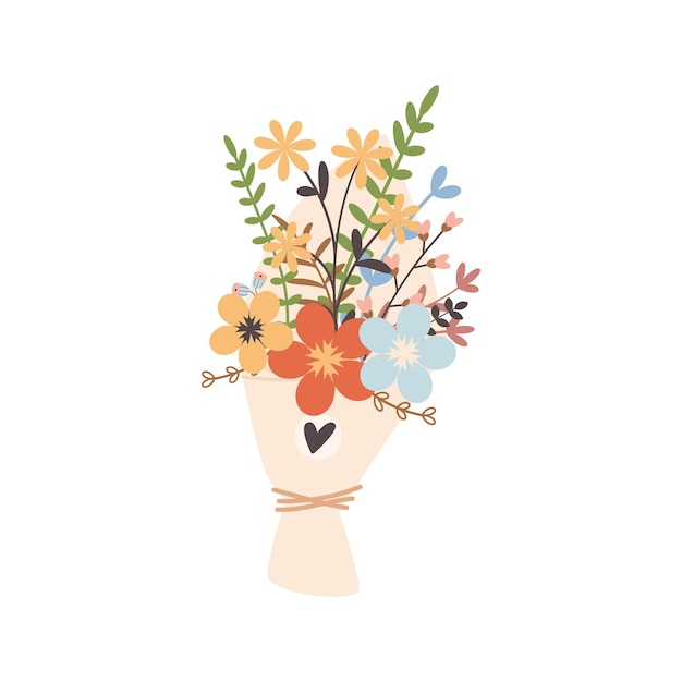 Ramo artesanal con flores de primavera Ilustración de vector lindo para diseño de primavera Estilo vintage plano