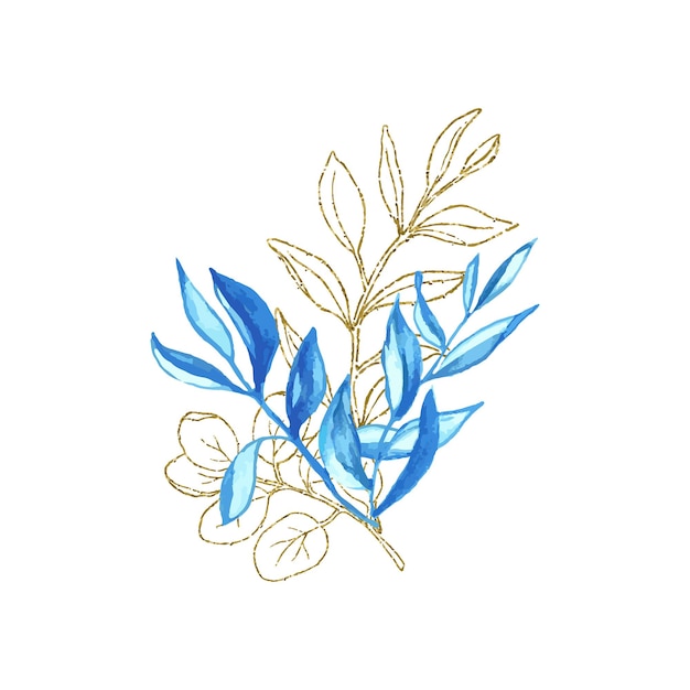 Ramo de botánica con arte de líneas brillantes y hojas de acuarela para el diseño de tarjetas o invitaciones