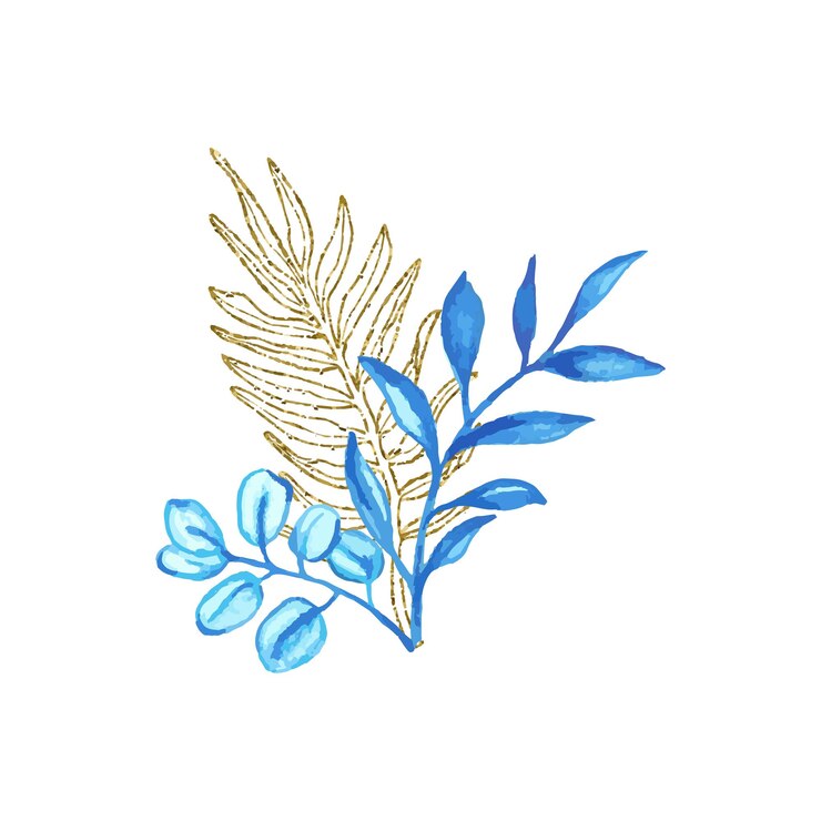Vector ramo de botánica con arte de líneas brillantes y hojas de acuarela para el diseño de tarjetas o invitaciones