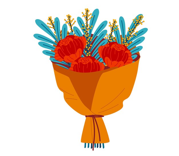 Ramo brillante de flores rojas envueltas en un arreglo floral de ilustración de vector de papel naranja