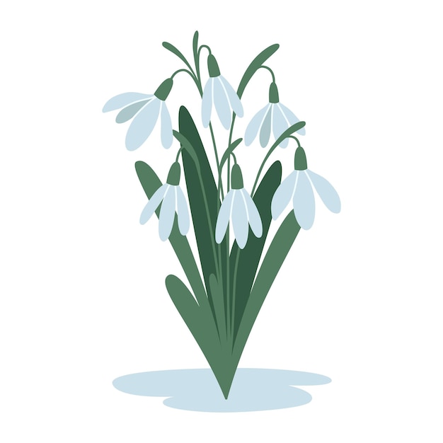 Ramo de campanillas de invierno primeras flores de primavera estilo de dibujos animados Ilustración de vector moderno de moda aislado sobre fondo blanco dibujado a mano plana