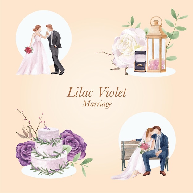 Ramo con concepto de boda lila violeta, estilo acuarela