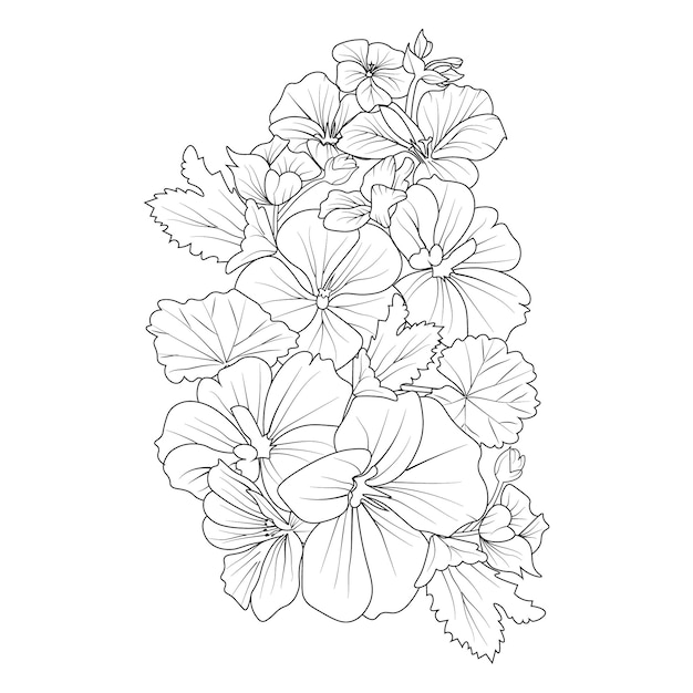 ramo de dibujo vectorial dibujado a mano libro para colorear de flores de geranio aislado en fondo blanco.